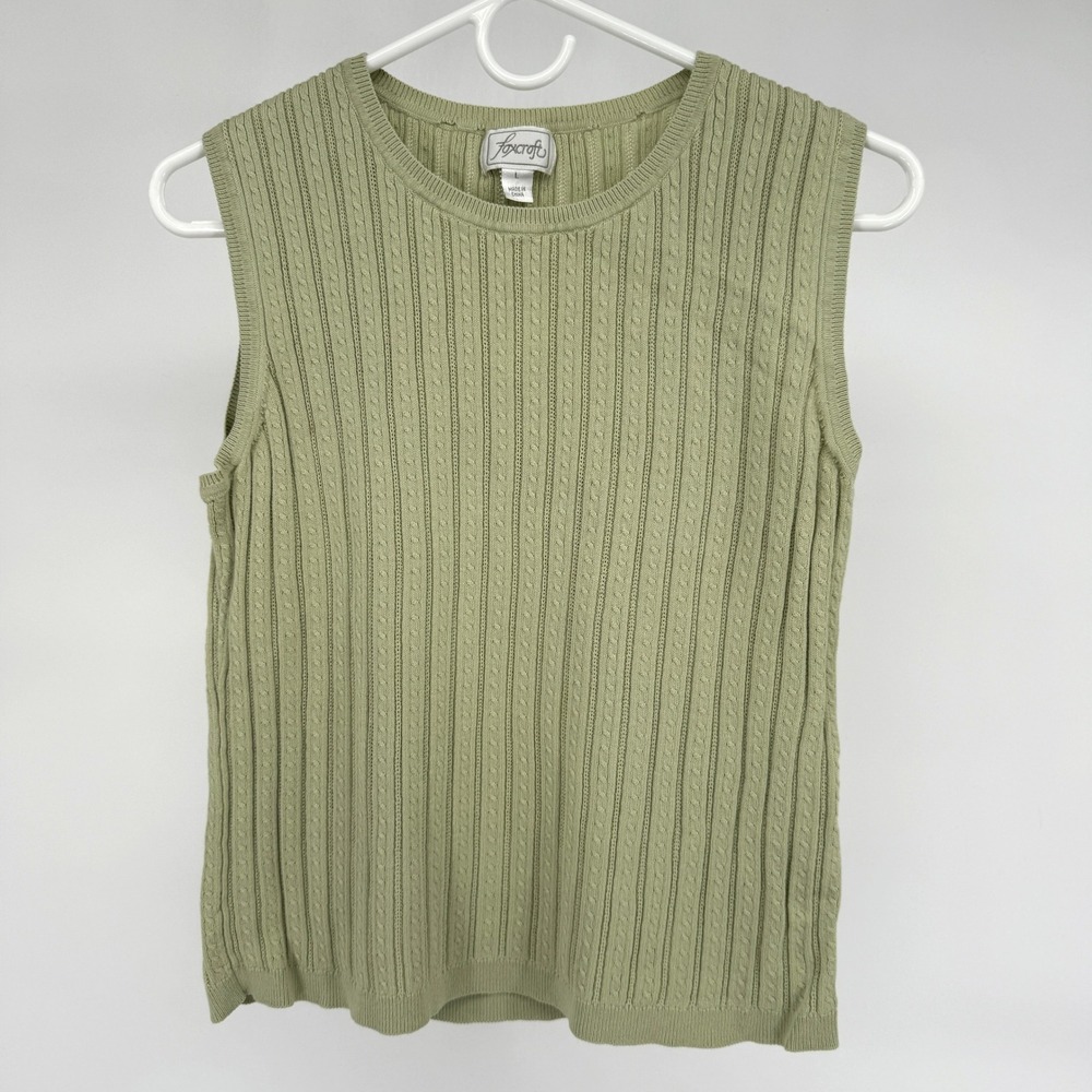 Foxcroft Green Cable Knit Top L‎ 90s Ribbed Sleeveless Vest Top Womens